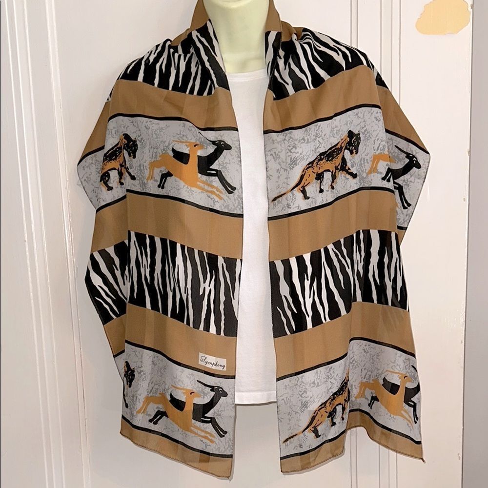 Vintage Symphony Tan and Black Panther & Deer Animal Print Long Scarf